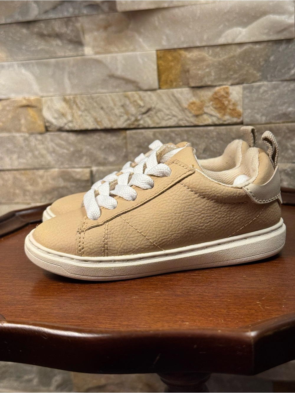 Kids Sz 7 Eur 23 Zara Monochrome Beige Textured Low-top W/ Zipper Sneaker Shoe